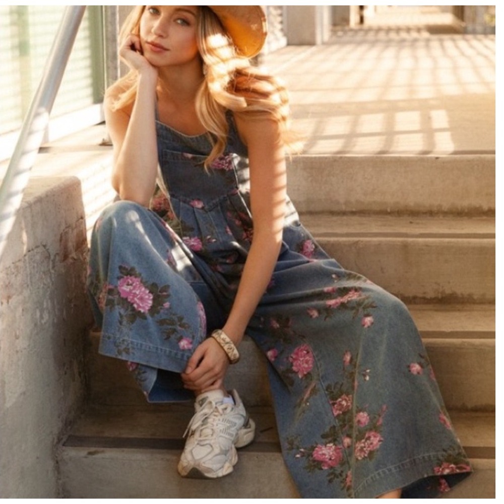 Floral Denim Overalls Wide Leg Pink Rose Print Blue Jean Jumpsuit Womens Medium - Picture 13 of 13